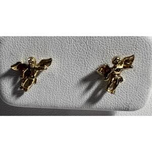 Jewelry Earrings Stud Cherubs or Angels Pink Rhinestones on Wings Gold Ston8
